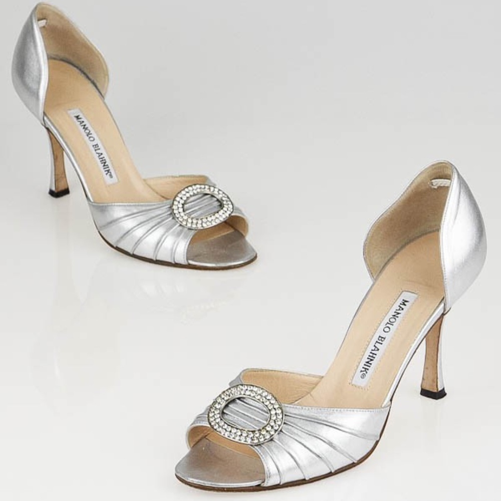 Manolo Blahnik Sedaraby Silver D'Orsay Heels 37.5